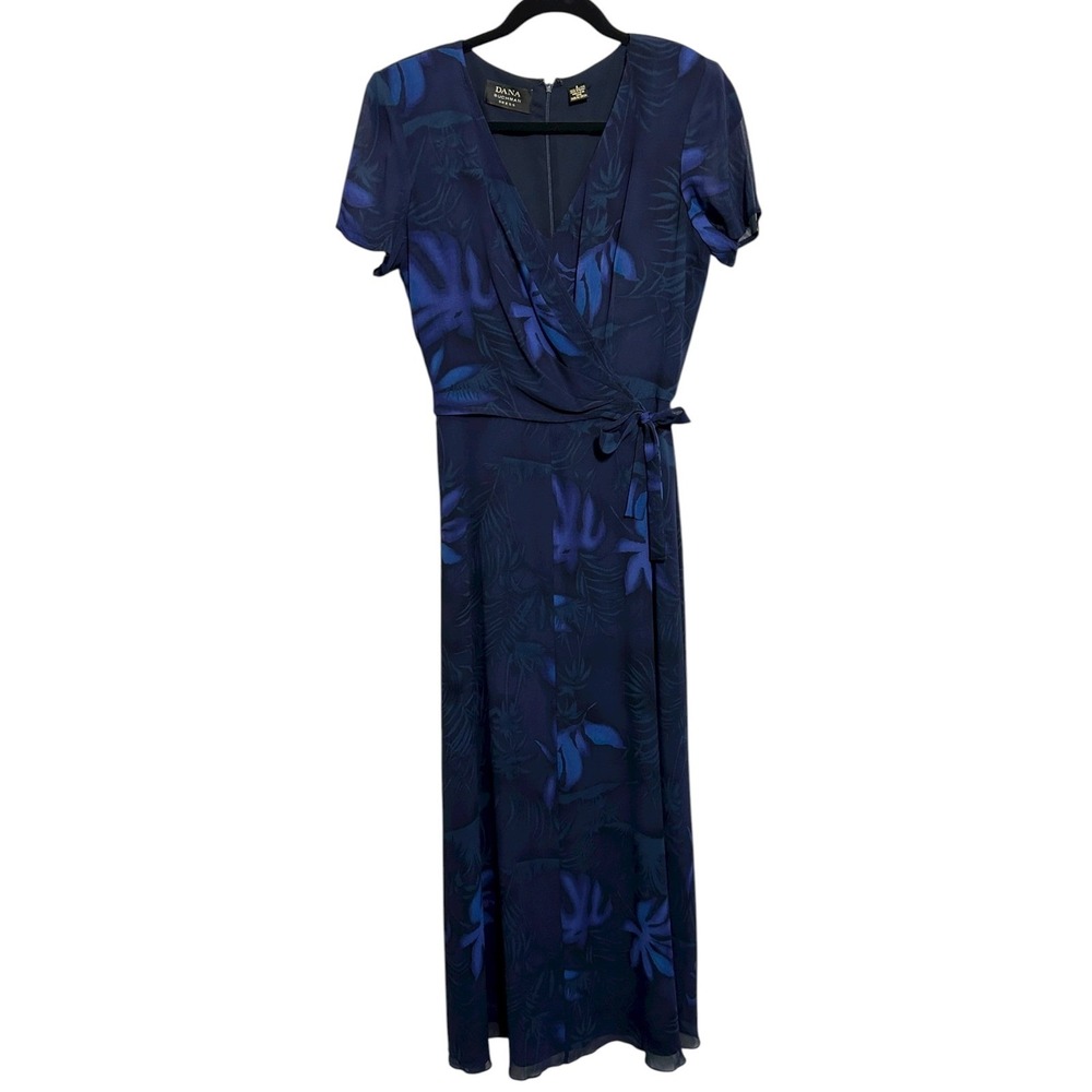 Dana Buchman Navy Blue Wrap Floral Print Silk Maxi Midi‎ Dress Women's Sz 6